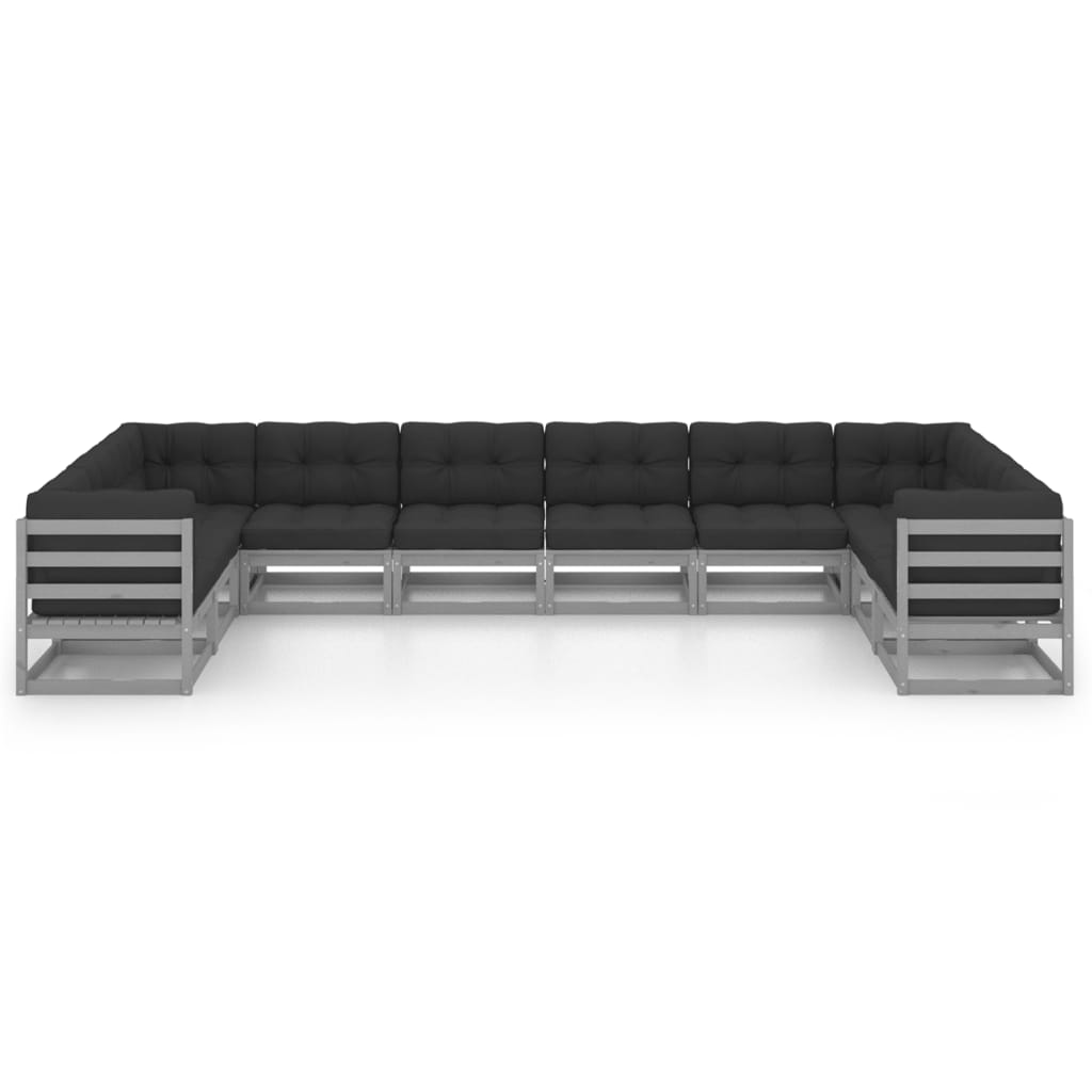 10-tlg. Garten-Lounge-Set mit Kissen Grau Kiefer Massivholz
